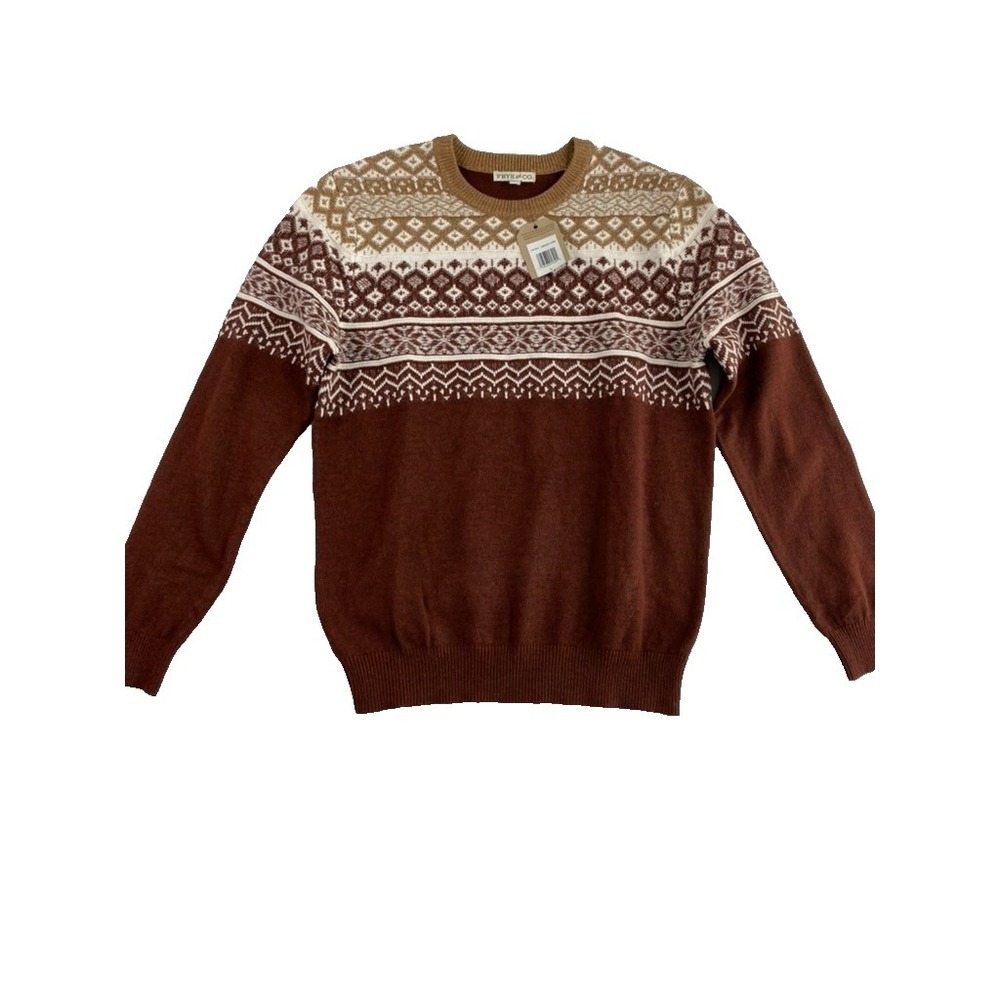 NWT Frye & Co Knit Sweater Men Sz L Burgundy Fair Isle Viking Northern Mountain